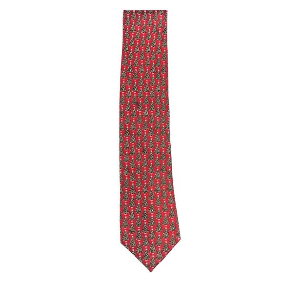 Men’s Neck Tie Silk in Red Roundtree and Yorke Handmade Christmas Tree Design - Picture 1 of 5